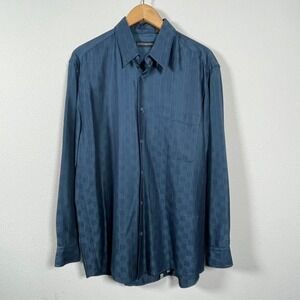 Jhane Barnes Silk Blend Button Down Shirt Mens Medium Teal Jacquard Stripe Blue